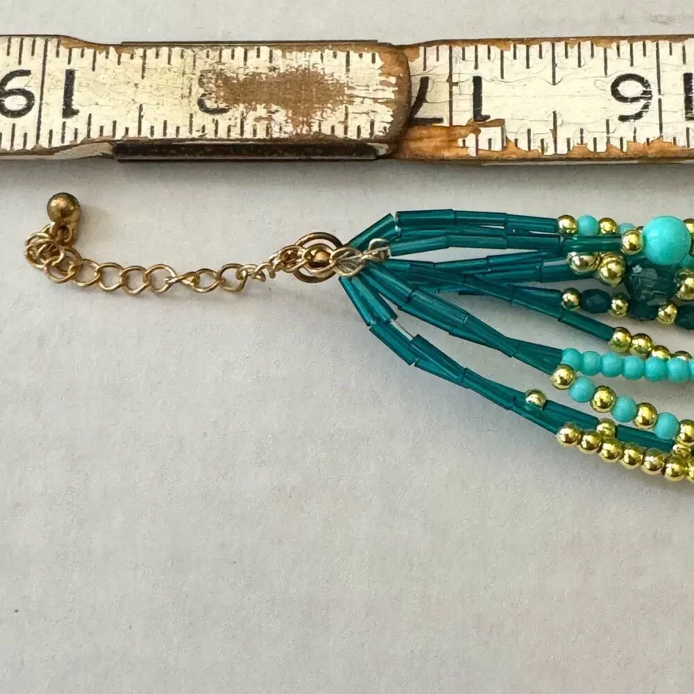 Vintage Multi-Strand Turquoise & Gold Tone Bead Necklace Hanging Scarab Earrings
